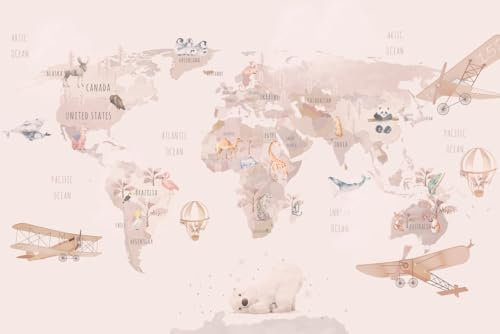 A.S. Création Papier peint World Map 3,75 m x 2,50 m - WALLLOVE Papier peint chambre enfants Carte géographique Rose, beige colle incluse - DD129592