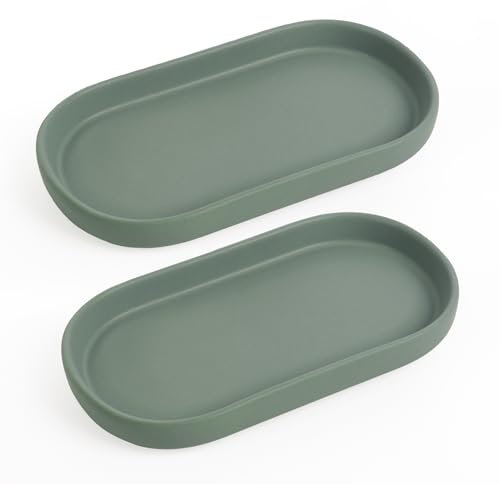 Autumnlife Badezimmer Tablett Dekotablett, 2 Stück Deko Tablett Keramik Ablageschale Kosmetik Kleines Oval Tablett für Toilette und Waschtisch Badewanne Küchenspüle - Grün