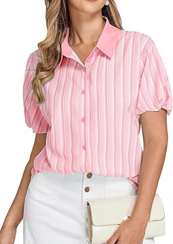 Belle Poque Chemisier à manches courtes pour femme avec col à revers rayé et boutonné, rose, L