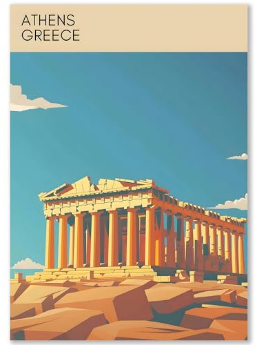 Happymotive Städteposter | Athen Retro Poster Vintage | Schlafzimmer Deko Bild im Hochformat | Bilder Wohnzimmer | Kunstdrucke in A2 40x60, A3 30x40, A4 20x30 300g Papier ohne Rahmen