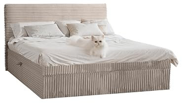 Kaiser Möbel - Bett 200x200 cm, Boxspringbett mit Bettkasten und Topper, Cord Schlafzimmerbett, Doppelbett mit Stauraum und Gepolstertes Kopfteil, Toppermatratze aus Viscoschaum - Trento - Beige