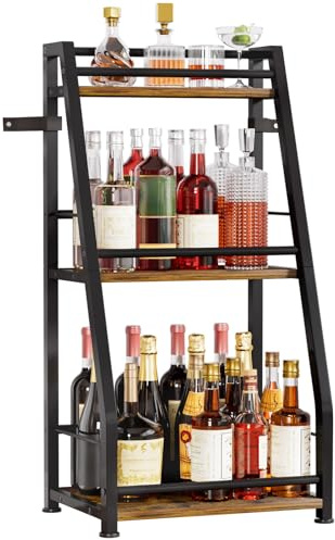 YORBAY Botellero de Suelo de 3 Niveles: Botellero Moderno de Metal y Madera para Vino y Copas - Portabotellas Trapezoidal con Barandilla para Bar Cocina y Comedor