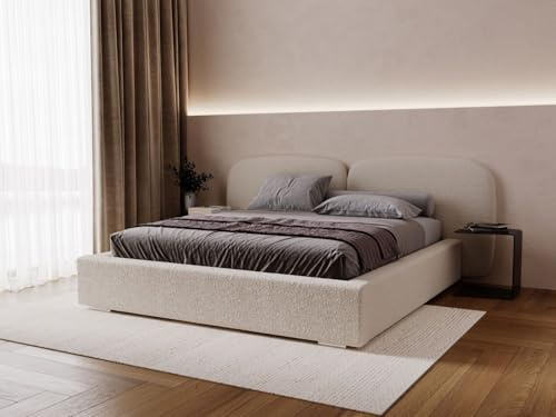 GRAINGOLD Palermo Bett 160x200, Polsterbett mit Bettkasten, Polsterbett mit Stauraum, Bouclé-Stoff, mit Lattenrost, mit Kopfteil, ohne Matratze (Beige, 160x200)