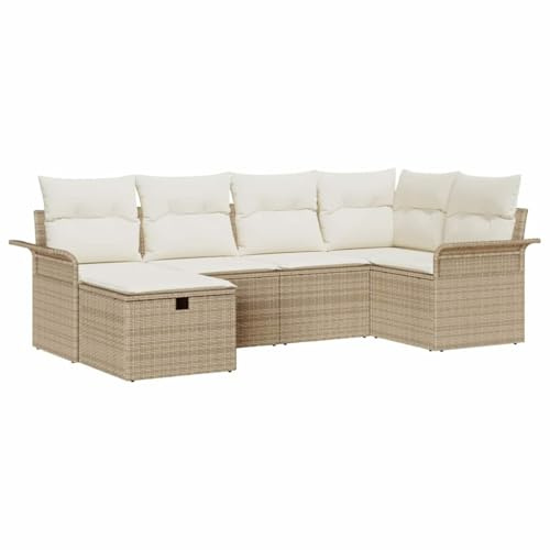 vidaXL 6-teiliges Garten-Sofa-Set mit Kissen in Beige aus Poly Rattan. Perfekt für draußen, sorgt für Komfort und Sieht stylisch aus. Ideal für Balkone, Terrassen oder als Lounge-Möbel im Wohnzimmer.