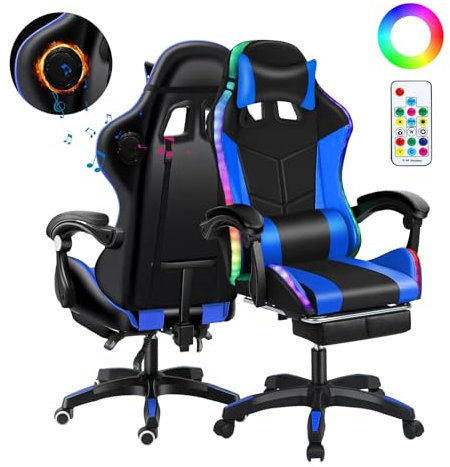 Fukursul - Silla de juego Bluetooth con luces RGB vibrantes, silla de videojuegos ergonómica, con función de masaje, silla de juego para ordenador, altura ajustable con reposapiés, color azul y negro