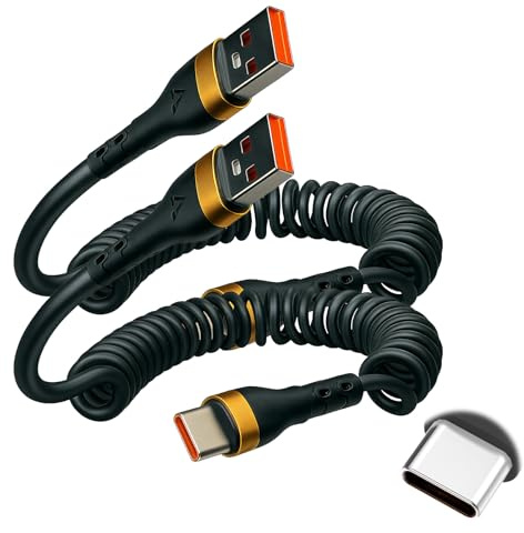 2PCS Coiled USB A to USB C Charger Cable, 0.4-1M Type C Spring Cord for Samsung Phones, 120W Fast Charging Retractable USB Coiled Lead for Samsung Galaxy S25 S24 S23 S22 Huawei Xiaomi OPPO Vivo