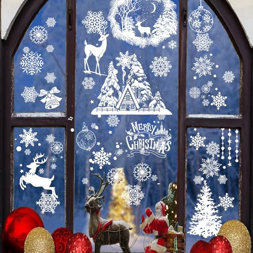 YUZHEDM 216 Piezas Pegatinas Navidad Ventanas, Incluye Renos, Copos de Nieve y Otros Estilos, Navidad Ventanas PVC, Pegatinas, Adornos de Invierno, Adecuados para Escaparates