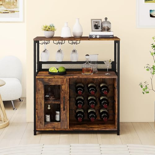 GIANTEX Armadio per vino con 3 portabicchieri e armadietti con 9 bottiglie, mobile da vino con kit antiribaltamento, organizzatore industriale per soggiorno, sala da pranzo, cucina, bar, marrone