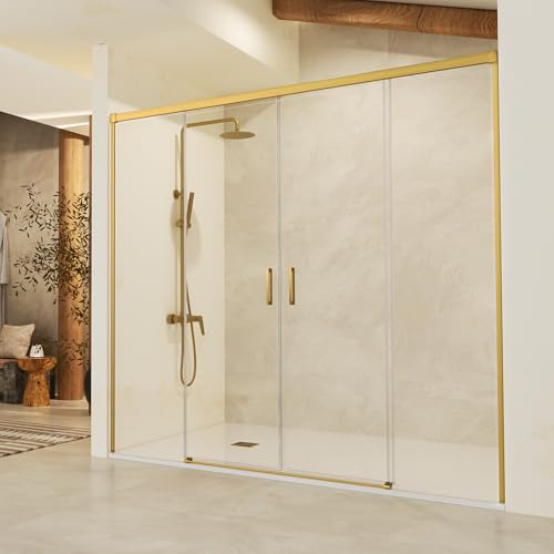 IMEX - Mampara Ducha Dos Puertas Dorada Frontal 2 Fijas + 2 Correderas 180cm | Mampara de Cristal Reversible y Antical con Ancho Adaptable 176 a 181cm | Perfilería de Aluminio con 195cm de Altura