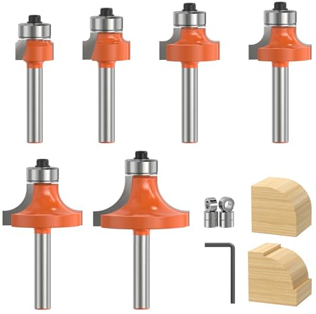 Jeu de 6 Fraise à Arrondir Quart de Rond–Queue 6mm, Rayons 1,5-3-5-6-10-13mm, Roulements Interchangeables 9,5 & 12,7 mm, Carbure Tungstène YG6X, pour Bois MDF Contreplaqué