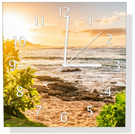 Wallario Design-Wanduhr Strand im Morgenlicht aus Glas, Motiv-Uhr Größe 30 x 30 cm, weiße Zeiger