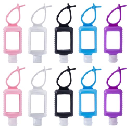FINGERINSPIRE 10 llaveros de silicona y plástico para gel desinfectante de manos, 5 colores, recipiente portátil recargable de 60 ml con mango ergonómico para uso diario