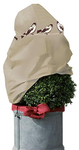 AFP Winterschutz Vlieshaube Spatzen Vintage, sanddunkel, 110 x 110cm, 50g/qm Kübelpflanzensack Gartenvlies atmungsaktiv, Bedruckt/Frostschutz Pflanzen/Gartendeko/Kordel / 2 Jutesäckchen gratis