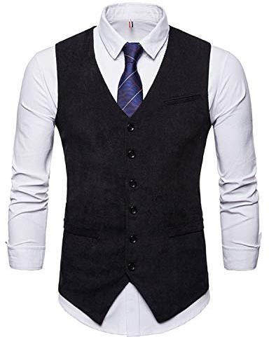 JOLIME Mens Corduroy Moleskin Vintage Waistcoat Casual Business 6Buttons V Neck Suit Vest Black M