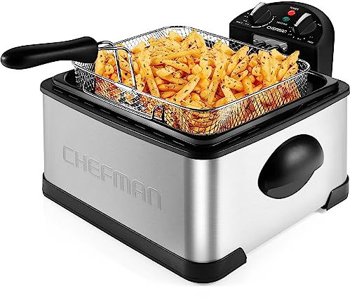 Chefman 4.5 Liter Deep Fryer w or Basket Strainer,XL Jumbo Size,Adjustable Temperature and Timer,Perfect for Fried Chicken,Shrimp,French Fries,Chips and More,Removable Oil-Container,Stainless Steel