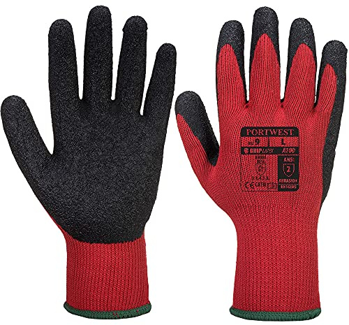 Portwest A100 Latex-Handschuh Polyester Atmungsaktiv Ergonomisch Abriebfest | Rot/Schwarz, M, EN 388 Schnittstufe A, EN ISO 21420 Fingerfertigkeit 4, Atmungsaktive Oberfläche, Nahtloses Innenfutter