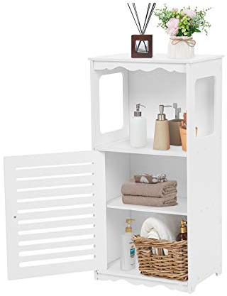 Cocoarm Badkommode Badezimmerschrank Badregal Weiß Holz Kunststoffplatte Eckschrank Badkommode mit 1 offenem Fach und Türen Badschrank Schmal für Badezimmer Schlafzimmer, 39.5 x 28 x 80 cm