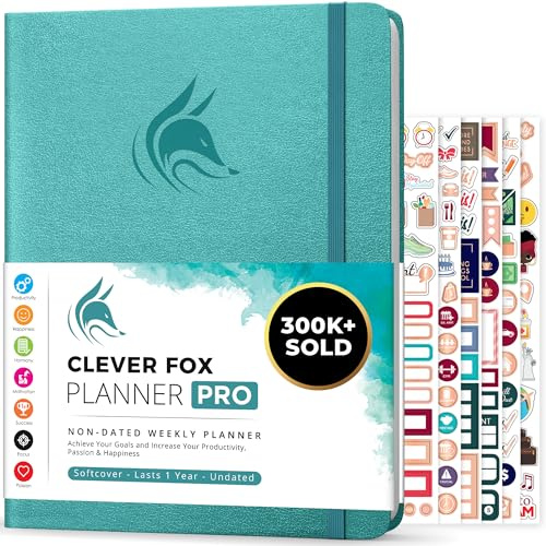 Clever Fox Planner PRO, Undated Weekly Planner, 21.5x28cm Aquamarine | Large monthly & weekly life planner, undated layout, habit tracker, goal setting, to-do list, 120gsm paper, lay-flat binding