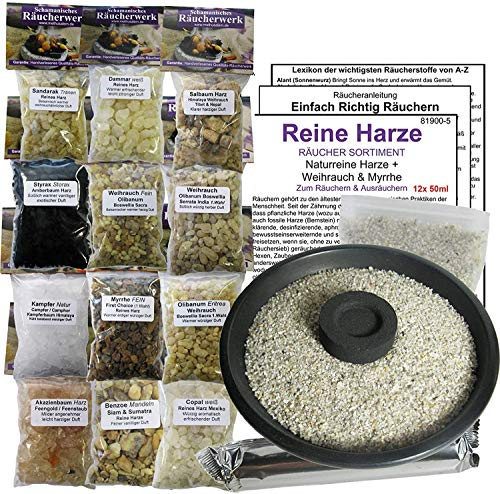 12 x Reine HARZE zum räuchern a 50ml (600ml) 17-TLG RÄUCHERSORTIMENT mit WEIHRAUCH + Olibanum + MYRRHE + DAMMARHARZ + Styrax UVM + 12cm Räucherschale + Räucherkohle + ZUBEHÖR. 81900-5S12