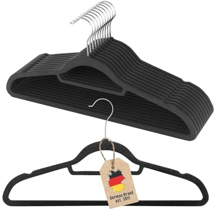 Intirilife Kleiderbügel SAMT SCHWARZ -10 Stück- 43.5 x 23.5 x 0.6 cm - Platzsparende Jackenbügel, Anzugbügel mit Rutschfester Oberfläche, Hosenstange, Einkerbung, drehbarer Haken, Antirutsch, Bügel