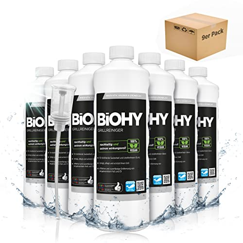 BiOHY Grillreiniger (9 x 1 Liter) + Dosierer | Reiniger für Holzkohle-, Gas- und Elektrogrill | Hocheffektiv gegen angebranntes Fett und Öl | Pflegt und schont das Material | Veganes Bio Konzentrat