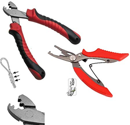 Set: Klemmhülsenzange Crimping Pliers & Angelschere für geflochtene Schnur Sprengring Schere Zange + gratis Petri Heil! Aufkleber