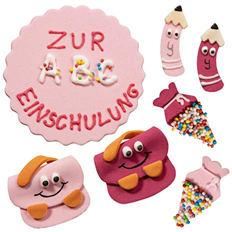 Bombasei Mädchen Einschulung Fondant Deko Set 25 Tlg. | essbare Einschulung Tortendeko | ABC Kuchendeko Schulanfang | Zuckerdekor für Torten | HANDMADE IN EU | Neue bruchsichere Verpackung