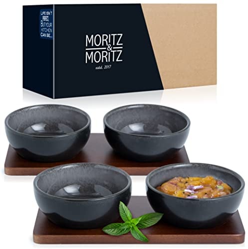Moritz & Moritz VIDA 4x Dip Schalen Set mit Brett - 10cm Ø - 4 Dipschalen Schwarz Grau-Blau aus Porzellan - Für Snacks, Dessert, Dips und Saucen