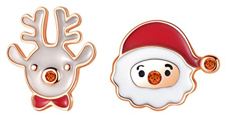 Shuxin Silver Christmas Earrings for Women, 925 Sterling Silver Xmas Studs for Girls Kids, Rose Gold Santa Claus Elk Design, 8mm Small Sleeper Studs, Gift for Christmas