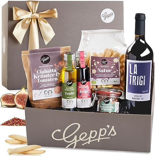 Gepp’s Feinkost Italienreise I Geschenkset mit italienischen Delikatessen I Edle Geschenkbox mit Rotwein (750 ml), Trüffel-Olivenöl und vielem mehr I Hochwertiges Geschenk für sie & ihn