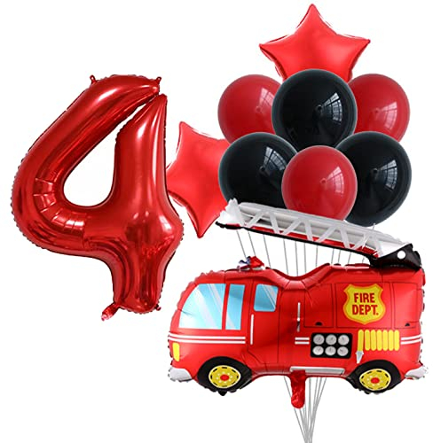 HCRXVV Feuerwehrauto Luftballon 4. Geburtstag Junge Feuerwehr Folienballon Partydeko Set für 4 jahre Jungen Kindergeburtstag, Feuerwehr Geburtstagsdeko Deko 4.Geburtstag Junge (10Stk)