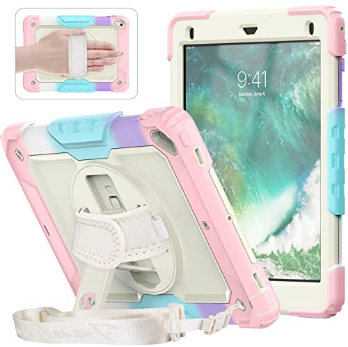 SEYMAC Hülle für iPad 6./5. Gen 2018/2017 (9.7 Zoll), Hülle für iPad Air 2/iPad Pro 9,7, Stoßfeste Cover mit Displayschutzfolie, Drehbarem Ständer und Handschlaufe, Schultergurt, Stifthalter, Rosa