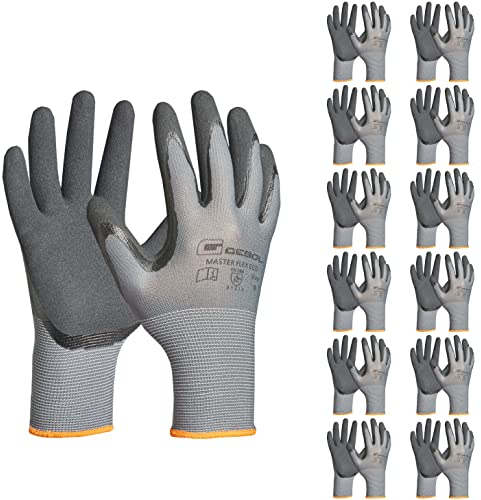Gebol Master Flex Eco 12er Set | Arbeitshandschuhe mit Nitril-Beschichtung | sicherer Griff | Nitrilhandschuhe für Werkstatt & Garten | Damen und Herren | Größe L (Gr 9) | Grau | 12 Paar Multipack