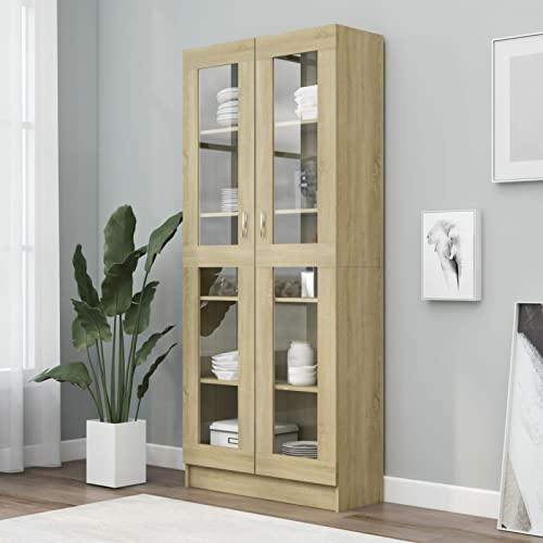 ZEYUAN Vitrinenschrank, Vitrine, Wandschrank, Schrank Regal, Glasregal, Glasvitrine Stehend, Eckvitrine, Manga Regal, Sonoma-Eiche 82,5x30,5x185,5 cm Spanplatte