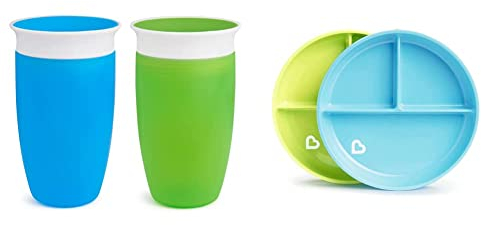 Munchkin Miracle 360 Vaso antiderrames, azul/verde, 296 ml, pack de 2 & Platos de ventosa divididos Stay Put, azul/verde, 2 Unidad (Paquete de 1)