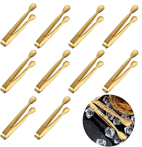 Sixfolo Pinzas para Hielo de 10 Piezas Pinzas de Azúcar de Acero Inoxidable Pinzas para Cubitos de Hielo Dorada Mini Pinzas para Servir Pinzas Pequeñas para Banquetes de Boda, Bar, Buffet
