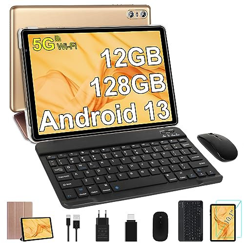 SEBBE Tablet 10 Pulgadas Android 13 Tablet PC 12GB RAM + 128GB ROM (TF 1TB ) Octa-Core 2.0 GHz, | Bluetooth 5.0 | 5G WiFi | 1280 * 800 Pixels | 6000mAh | 5MP+8MP, Tablet con Teclado y Raton Oro