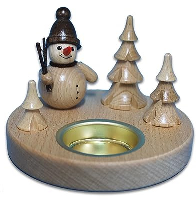 Holzwaren Egermann Leuchter aus Holz - Teelichthalter in Naturfarben mit süßem Schneemanndesign - Motiv: mit Reisig - Durchmesser: ca. 11 cm - Made in Germany