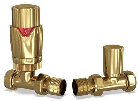 UK Radiators Thermostatic Radiator Valve (TRV) - 15mm Straight Lockshield - Polished Gold/Brass - Energy Saving 1/2 x 15mm Brass Straight Valve