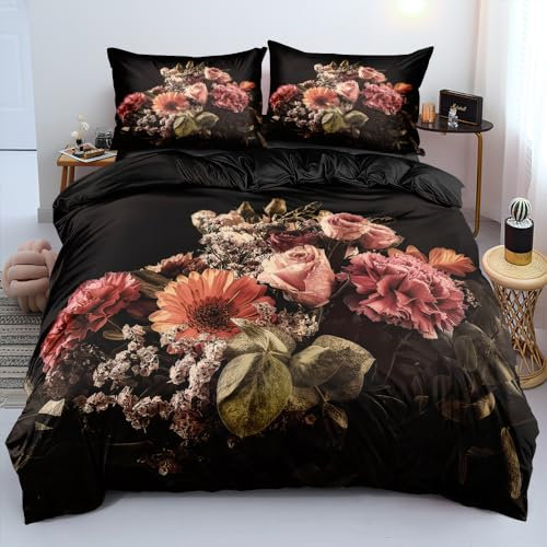 DXHOME Florale Bettwäsche 220x240cm Schwarz Bunt Blumen Botanisch Pflanze Muster Drucken Bettwäsche Weiche Mikrofaser Doppelbett Bettbezug mit Reißverschluss und 2 Kissenbezüge 80 x 80cm