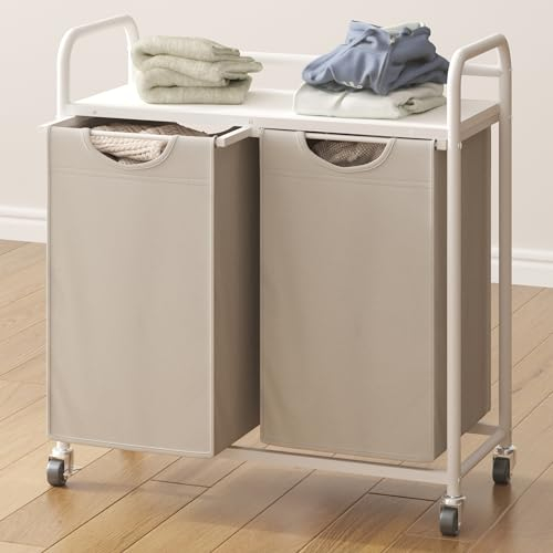 Hzuaneri Wäschekorb 2 Fächer, 2 x 46L, Wäschesammler mit 1 Ablagen, Wäschesortierer, Wäschesack ausziehbar und abnehmbar, pro Tasche 46 Liter, für Badezimmer, Waschküche, Weiß LB08903W