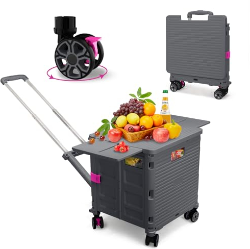 Zusammenklappbarer Mehrzweckwagen auf Rädern, arbeitssparender zusammenklappbarer Trolley mit magnetischem Schiebedeckel 55L/176lbs, Einkaufswagen mit 360°Schwenkrädern für Reisen, Camping (Grau)