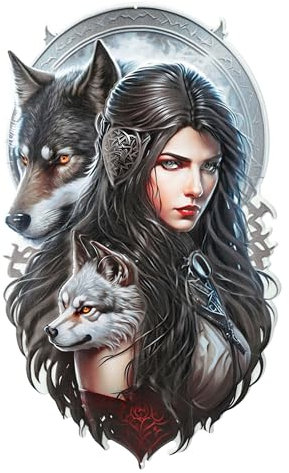 Dunkle Kriegerin & Wölfe Blechschild - Geprägtes Metall, Bedrohlicher Blick, 48x29cm, Fantasy Wanddeko Schild