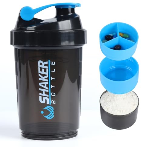 VIGIND Bouteille shaker pour protéines, bouteille d'eau de sport, étanche, antidérapante, 3 couches, gobelets de 3 oz avec plateau pour pilules, poudre de protéines 16 oz (Bleu)