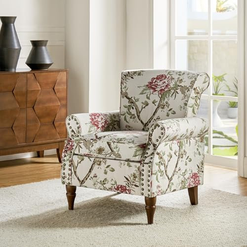 HULALA HOME Modern Wingback Accent Chair with Wood Legs & Removable Cushion, Comfy Upholstered Armchair with Nailhead Trim, Floral Pattern Single Sofa Chair for Living Room Bedroom, FLORAL
