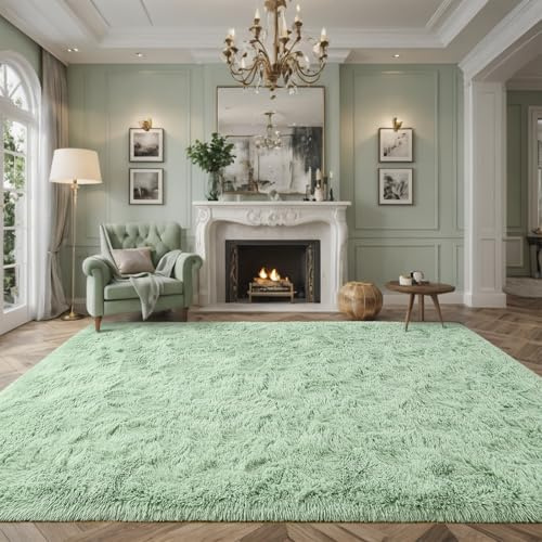 Larhom Nuttumico flauschiger flauschiger Salbeigrün Teppiche für Schlafzimmer, 2,3 x 3 m, weicher, rutschfester Plüsch-Teppich für Wohnzimmer, Kinderzimmer, Innenbereich, moderner zotteliger Teppich