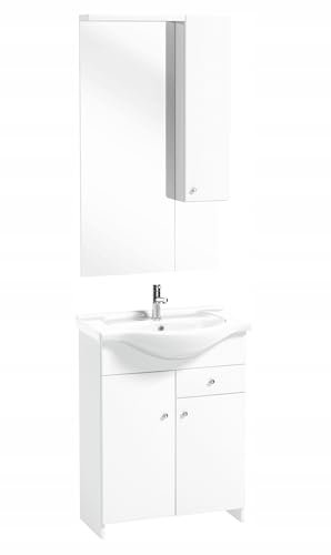 .Deftrans Domodomo Badschrank mit Waschbecken und Spiegel weiß 105 cm, Waschbeckenschrank 80 x 65 x 48 cm, Keramik-Waschbecken-Set, Badmöbel-Set