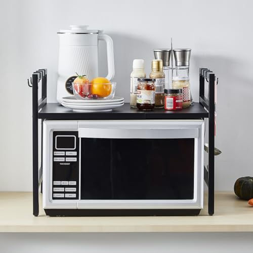 Menaka 2 Tiers Expandable Microwave Oven Shelf Freestanding Countertop Kitchen Spice Racks with Hooks Adjustable Unit Storage Stand Home Office Desktop Metal Printer Stand (2 Layer)