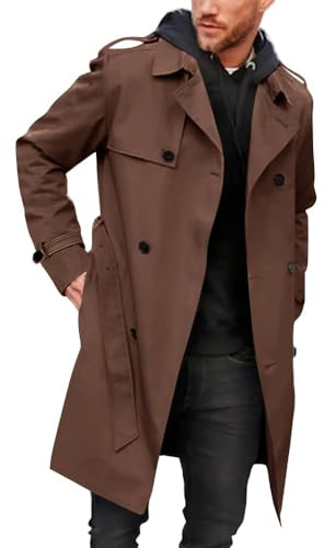 Runcati Herren Mantel Doppelknopfleiste Trenchcoat Langer Revers Business Jacke mit Gürtel, braun, XL