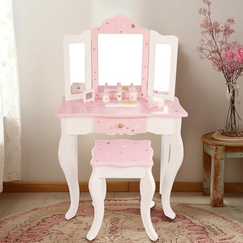 WOODENFUN Rosa Kinder Prinzessin Schminktisch mit dreifachem Klappspiegel, Hocker, Schublade, Make-up-Set, Sternenmuster multifunktionaler hölzerner Schminktisch für Kindergeburtsgeschenk